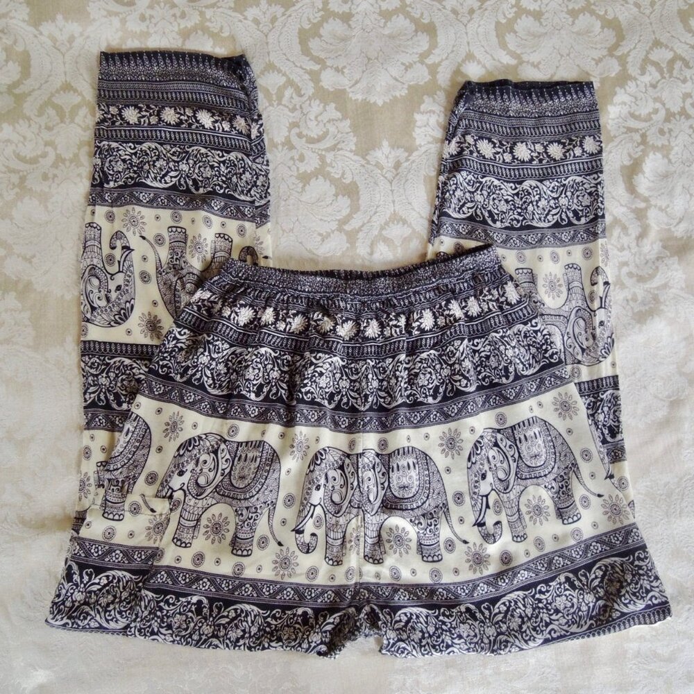 Cream & Black Flowy Elephant Hippie Pants L *Fits M*